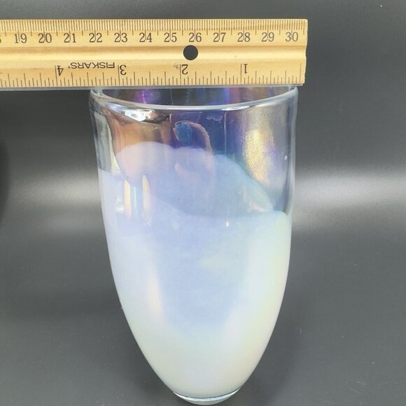 Heavy Art Glass Vase Vessel White Iridescent Finish Multicolor Glass Vase Decor - Picture 3 of 15